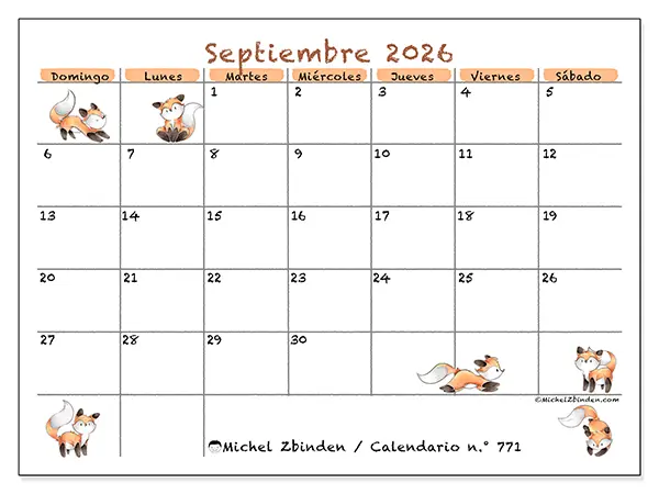 Calendario de septiembre de 2026 para imprimir - Dibujos de zorros - Semana: de domingo a sábado