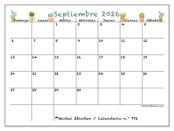 Calendario de septiembre de 2026 para imprimir - Cactus decorativos - Semana: de domingo a sábado