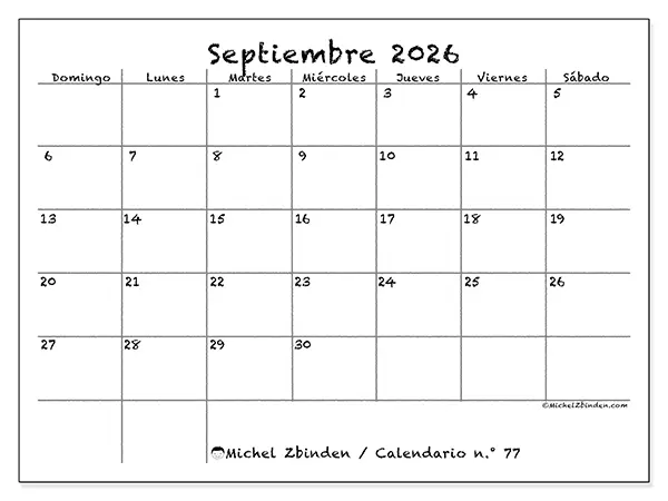 Calendario de septiembre de 2026 para imprimir - Escuela y familia - Semana: de domingo a sábado