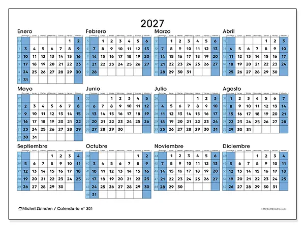 Calendario anual 2027 para imprimir - Preparado para la universidad - Semana: domingo a sábado