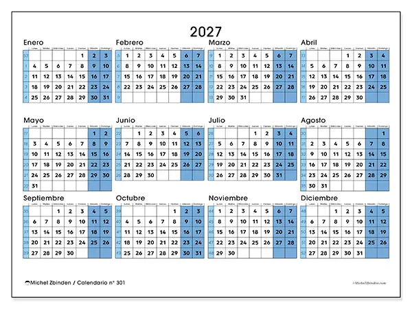 Calendario anual 2027 para imprimir - Preparado para la universidad