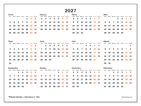 Calendario anual 2027 para imprimir - Fin de semana destacado