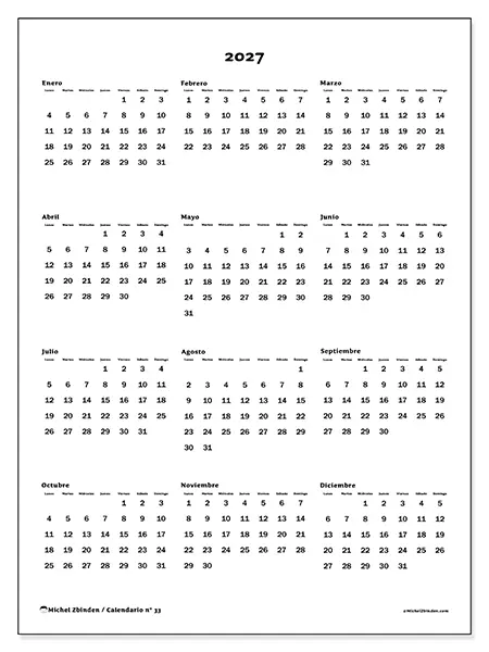 Calendario anual 2027 para imprimir - Vista general