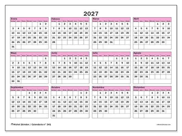 Calendario anual 2027 para imprimir - Planificación y previsión - Semana: domingo a sábado