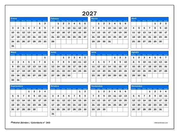 Calendario anual 2027 para imprimir - Visión estratégica - Semana: domingo a sábado