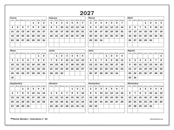 Calendario anual 2027 para imprimir - Vacaciones y ocio