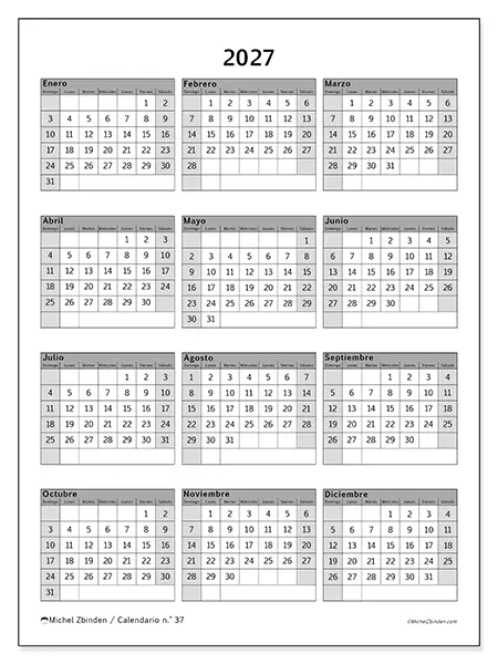Calendario anual 2027 para imprimir - Sobrio y profesional - Semana: domingo a sábado