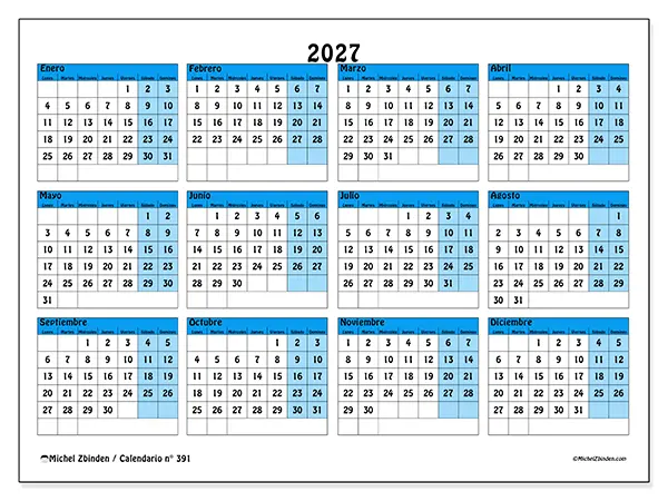 Calendario anual 2027 para imprimir - Organización en color