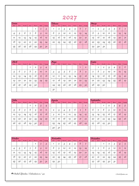 Calendario anual 2027 para imprimir - Dulzura y encanto