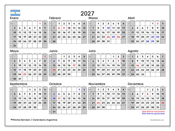 Calendario anual 2027 para imprimir - Argentina