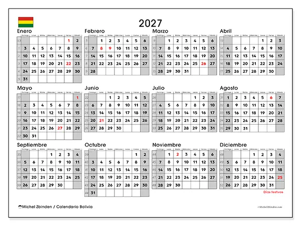 Calendario anual 2027 para imprimir - Bolivia