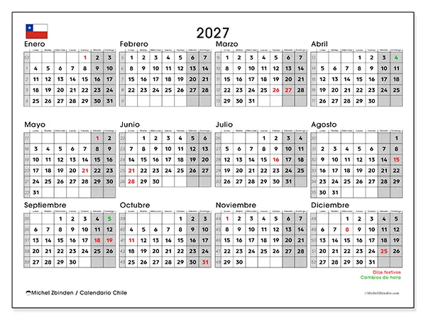 Calendario anual 2027 para imprimir - Chile