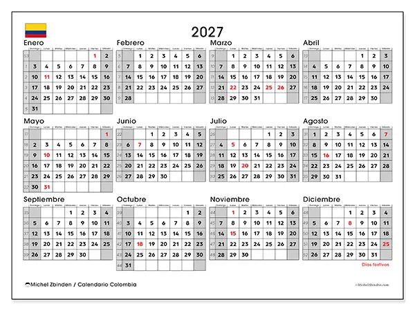 Calendario anual 2027 para imprimir - Colombia