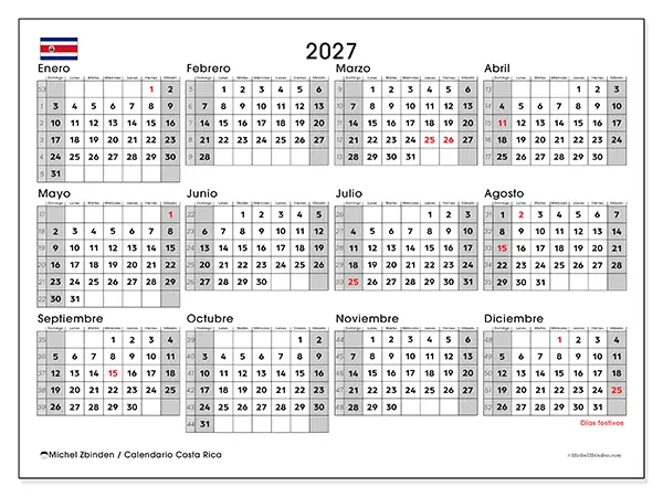 Calendario anual 2027 para imprimir - Costa Rica