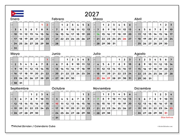 Calendario anual 2027 para imprimir - Cuba