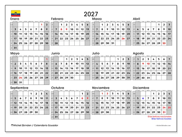 Calendario anual 2027 para imprimir - Ecuador