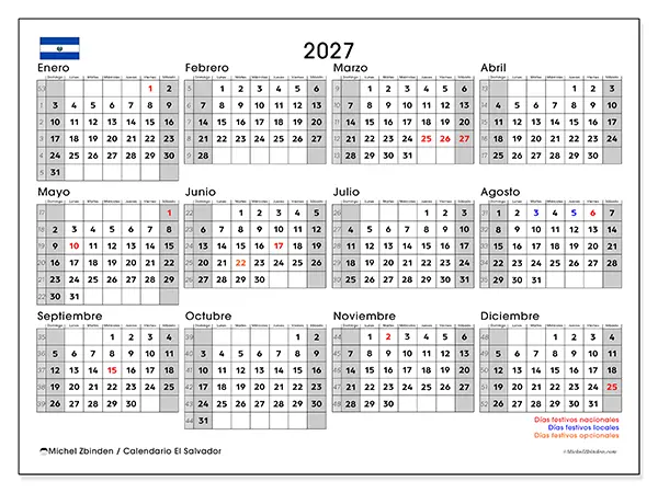 Calendario anual 2027 para imprimir - El Salvador