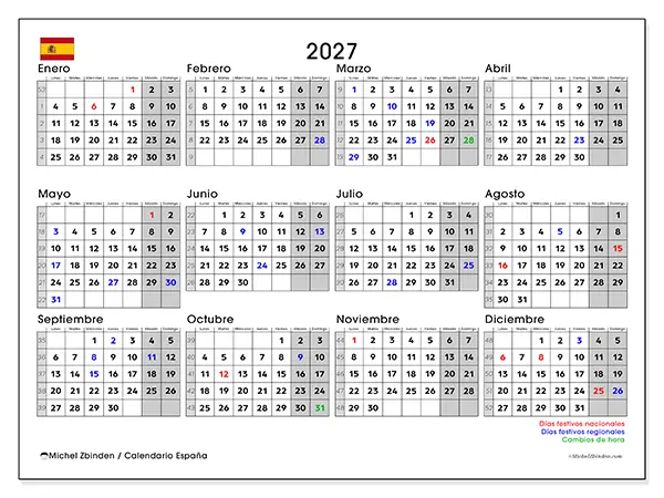 Calendario anual 2027 para imprimir - España