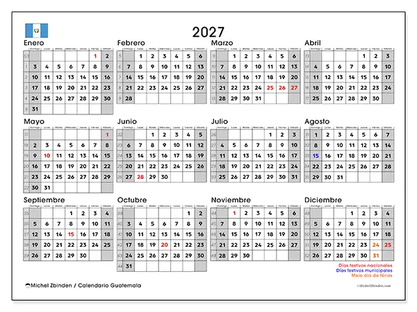 Calendario anual 2027 para imprimir - Guatemala