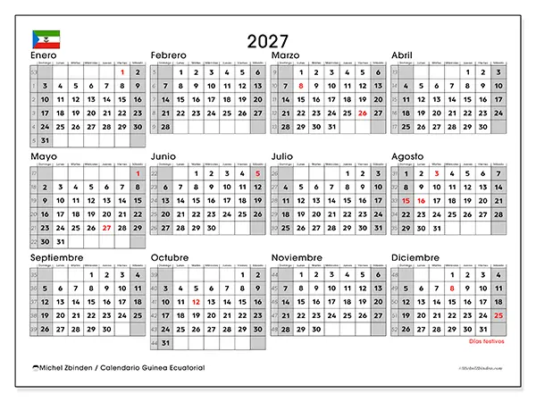 Calendario anual 2027 para imprimir - Guinea Ecuatorial
