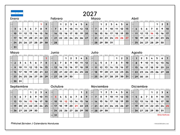 Calendario anual 2027 para imprimir - Honduras