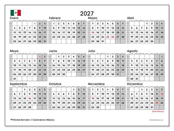 Calendario anual 2027 para imprimir - México