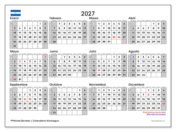 Calendario anual 2027 para imprimir - Nicaragua