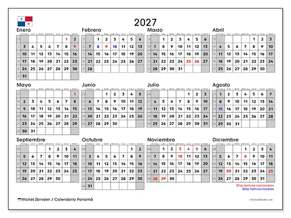 Calendario anual 2027 para imprimir - Panamá