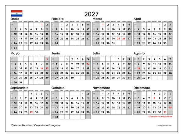 Calendario anual 2027 para imprimir - Paraguay