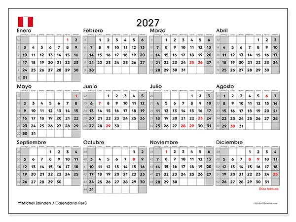 Calendario anual 2027 para imprimir - Perú