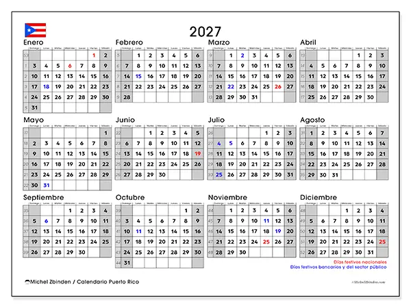 Calendario anual 2027 para imprimir - Puerto Rico