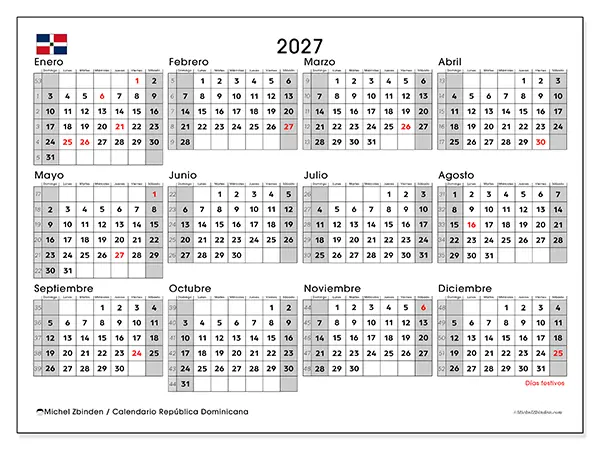 Calendario anual 2027 para imprimir - República Dominicana