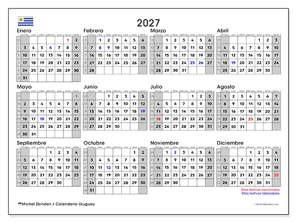 Calendario anual 2027 para imprimir - Uruguay
