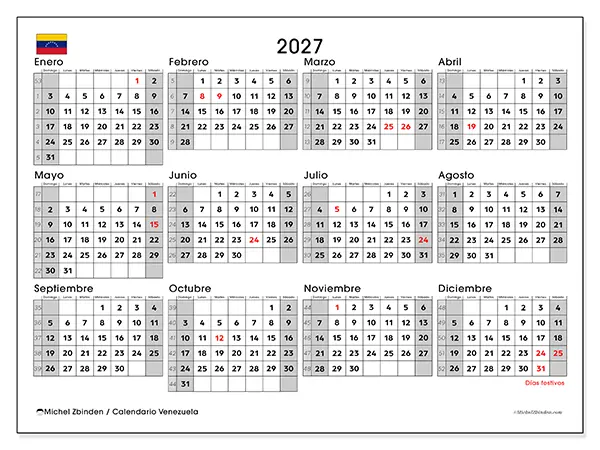 Calendario anual 2027 para imprimir - Venezuela