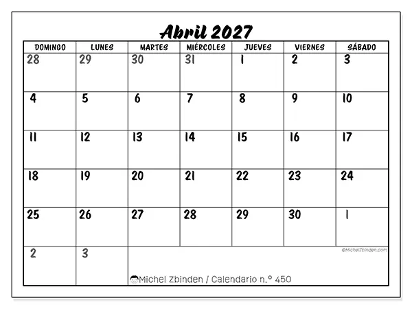 Calendario de abril de 2027 para imprimir - Organización detallada - Semana: de domingo a sábado