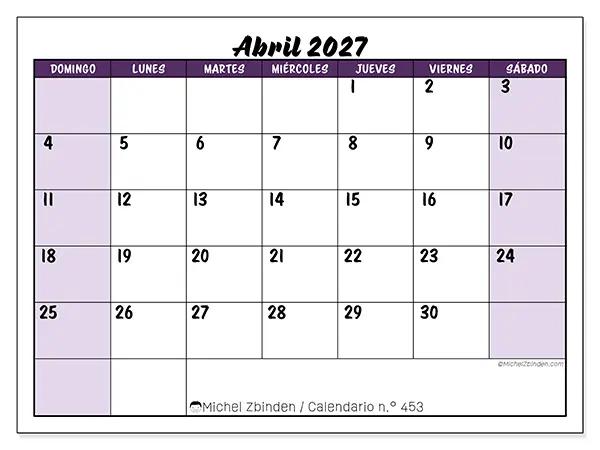 Calendario de abril de 2027 para imprimir - Eficiencia colorida - Semana: de domingo a sábado