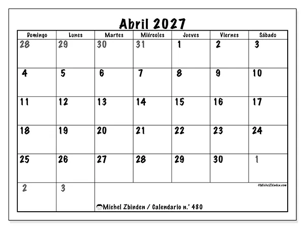 Calendario de abril de 2027 para imprimir - Planificación completa - Semana: de domingo a sábado