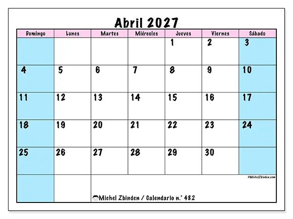 Calendario de abril de 2027 para imprimir - Horario de equipo - Semana: de domingo a sábado