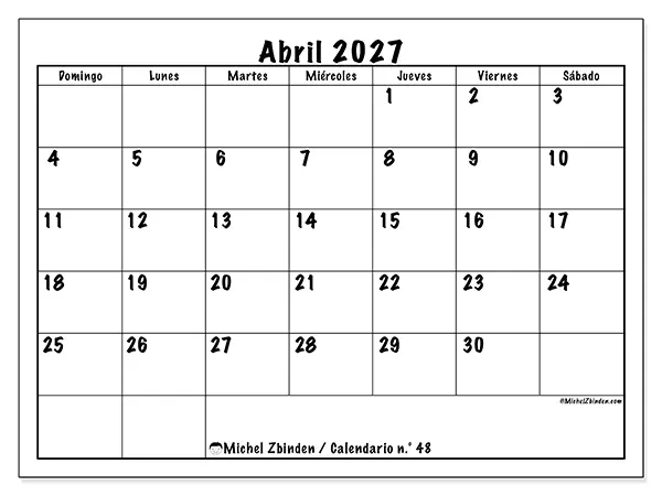 Calendario de abril de 2027 para imprimir - Eficiencia diaria - Semana: de domingo a sábado