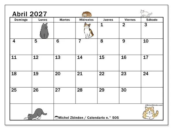 Calendario de abril de 2027 para imprimir - Vida de gato - Semana: de domingo a sábado