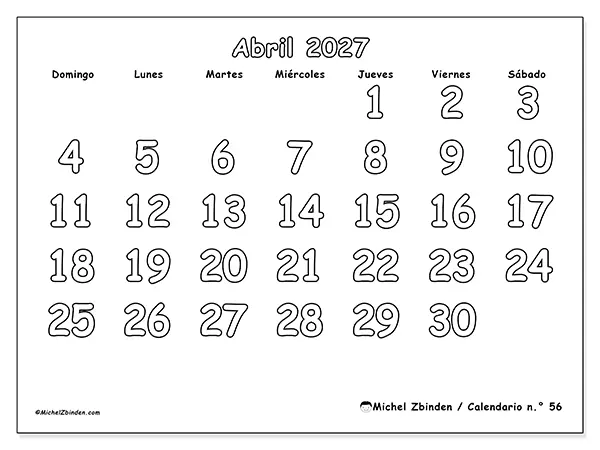 Calendario de abril de 2027 para imprimir - Colorear útil - Semana: de domingo a sábado