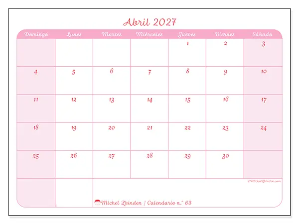 Calendario de abril de 2027 para imprimir - Organización en suavidad - Semana: de domingo a sábado