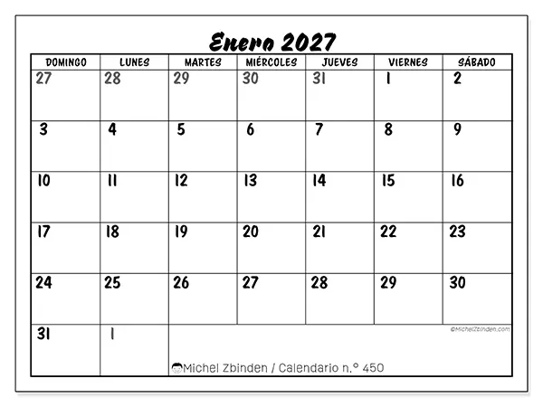 Calendario de enero de 2027 para imprimir - Organización detallada - Semana: de domingo a sábado