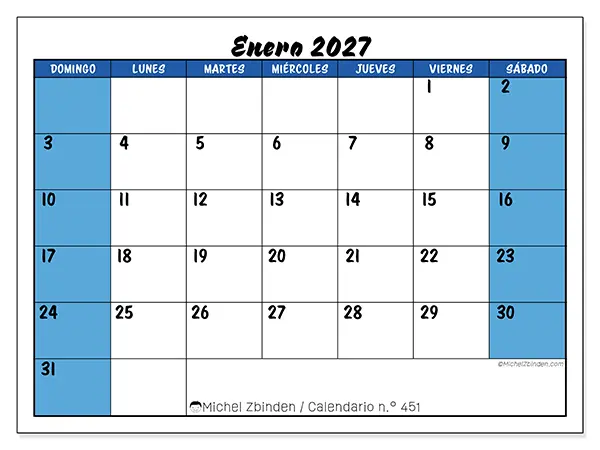 Calendario de enero de 2027 para imprimir - Organización dinámica - Semana: de domingo a sábado