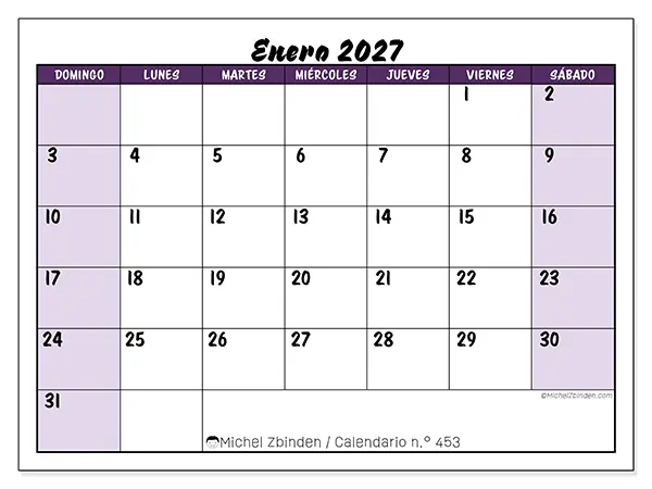 Calendario de enero de 2027 para imprimir - Eficiencia colorida - Semana: de domingo a sábado