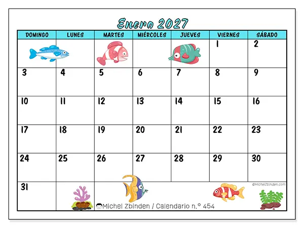 Calendario de enero de 2027 para imprimir - Peces coloridos - Semana: de domingo a sábado