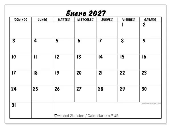 Calendario de enero de 2027 para imprimir - Éxito escolar - Semana: de domingo a sábado