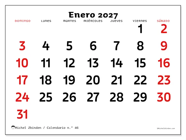 Calendario de enero de 2027 para imprimir - Visión clara - Semana: de domingo a sábado