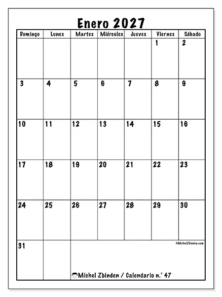 Calendario de enero de 2027 para imprimir - Planificación eficiente - Semana: de domingo a sábado