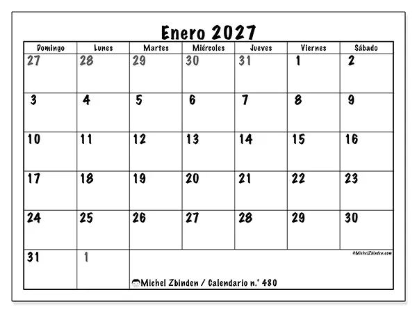 Calendario de enero de 2027 para imprimir - Planificación completa - Semana: de domingo a sábado